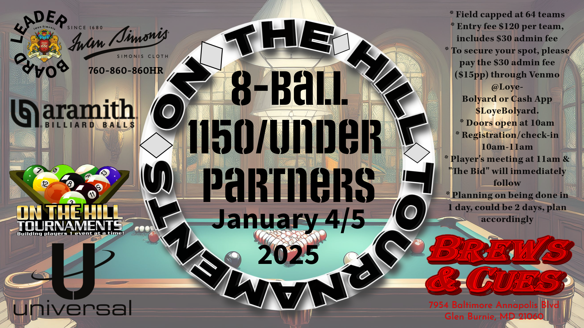 Maryland State 1150/under 8-Ball Championship Presented by On The Hill Tournaments